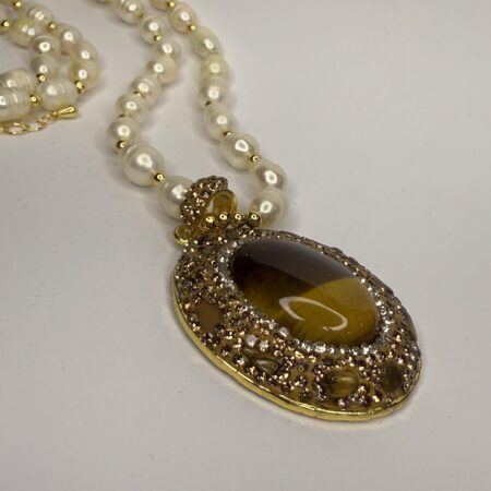 Golden Aura Pearl Necklace with Tiger’s Eye Pendant